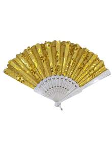 Floral Printed Fabric Hand Fan Metallic Shine National Shipping - Gold - View 1