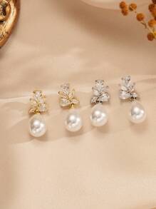 1Pair Gorgeous Gold - Plated Pearl & Cubic Zirconia Drop Earrings - Ideal For Daily Wear, Banquets, Gatherings, Weddings - Bridal Pearl Earrings