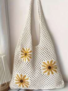 1 bolsa tote de crochê com estampa de girassol floral - perfeita para férias na praia, passeios casuais, etc. - estilo Y2K - grande capacidade - sem zíper - forro de tecido - estampa de posicionamento - sem borlas