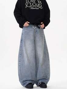 1pc Justice Brother Casual Loose Denim Jeans, Fashion Personalized Brand Baggy Trousers For Men - Baby Blue - View 2