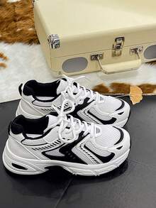 All Season Plus Size Casual Sneakers, Thick Sole Wedge Chunky Sneakers, Leather & Mesh Patchwork, Breathable, Versatile, Couple Shoes, Outdoor Sports Running Shoes. Size Runs Small, Please Order One Size Up. - Black - View 2
