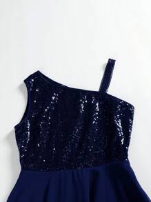 Vestido de fiesta para mujer con lentejuelas, de un hombro, sin mangas, cintura alta, estilo línea A, largo midi, vestido de fiesta de talla alta