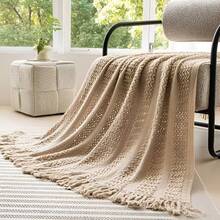 Cozy Knit Throw Blanket With Tassels - Soft, Lightweight & Warm - Perfect For Couch, Bed, And Travel - Farmhouse Style In Khaki & Cream - Khaki - View 6
