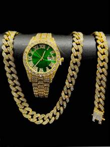 Luxury Alloy Men's Quartz Watch, With Rhinestone Rhinestone Crystal And Date, Paired With A Hip-Hop Cuban Necklace And Bracelet Set