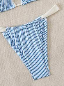 Women's Two Piece Blue And White Striped Bikini Set, Swimsuit Criss Cross Back Side Double Spaghetti Straps, Refreshing Summer Swimsuit Set - 藍色 - 查看 5