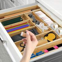 AutoFu Extendable Cutlery Tray Drawer Kitchen Organizer 6 7 8 Compartments Storage Insert Natural Bamboo, Utensil Storage, Wood Drawer Dividers - Wood - View 11