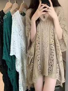 1pc Women Loose Knitted Cover Up Shawl, Thin Lightweight Hollow Out V-Neck Kimono Summer Cover Up For Dress - Khaki - View 1