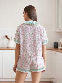 Women Floral Pajama Set, Short Sleeve Tie-Up Shirt With Shorts Daily Sleepwear Loungewear - 彩色 - 查看 5
