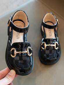 一双女童低帮时尚公主鞋，金属扣格纹装饰，亮面人造皮革扣，适合日常和派对穿着 - 黑色 - 查看 5