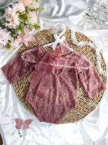 2 pezzi Tutina in pizzo e fascia per neonati, completo di fotografia per bambine con decorazione in tulle, accessorio fotografico per neonati