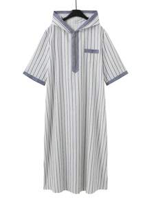 Muslim Men's Thobe Short-Sleeved Striped Styling Hooded Loose Islamic Men's Robe Festive Casual Men's Modern Style Abaya - Beige - View 4