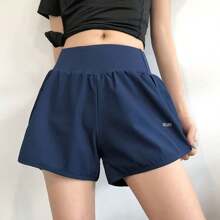 1pc Women High Waist Elastic Waistband Pocket Graphic Letter Design Polyester Yoga Sports Shorts