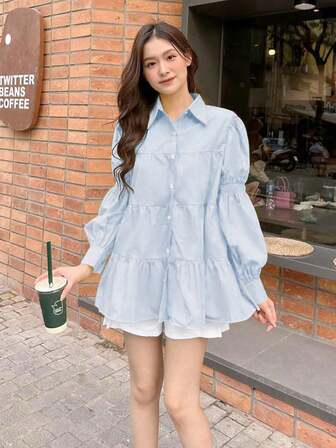 Cute French Style Loose Blouse, Casual Versatile Long Sleeve Shirt, Sweet For Halloween, New Year, Christmas, Blue Korean Fashion Top