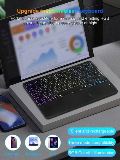 RGB 彩色发光可充电电池寿命持久方形按键触摸 WIFI 无线键盘适用于 iPad 平板电脑多手势魔术控制无线键盘 WIFI 键盘魔术控制磁性彩色无线键盘