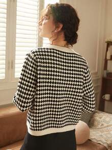 Knit Mix Elegant Women's Chic Knitted French Commuter Cardigan, Christmas Thanksgiving New Year Chic Plaid Pattern Pearl Button Front Loose Fit Sweater For Fall Winter Spring Fashion Back To School Fall Women Clothes Autumn