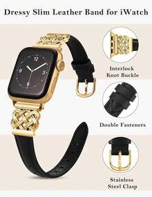 Compatible con correas de Watch para mujeres de 38/40/41/42mm, correa de cuero elegante y delgada con hebilla de nudo celta entrelazado para Series 11 10 9 8 6 5 4 SE 3 2 1, Starlight - Negro/Dorado - Ver 2