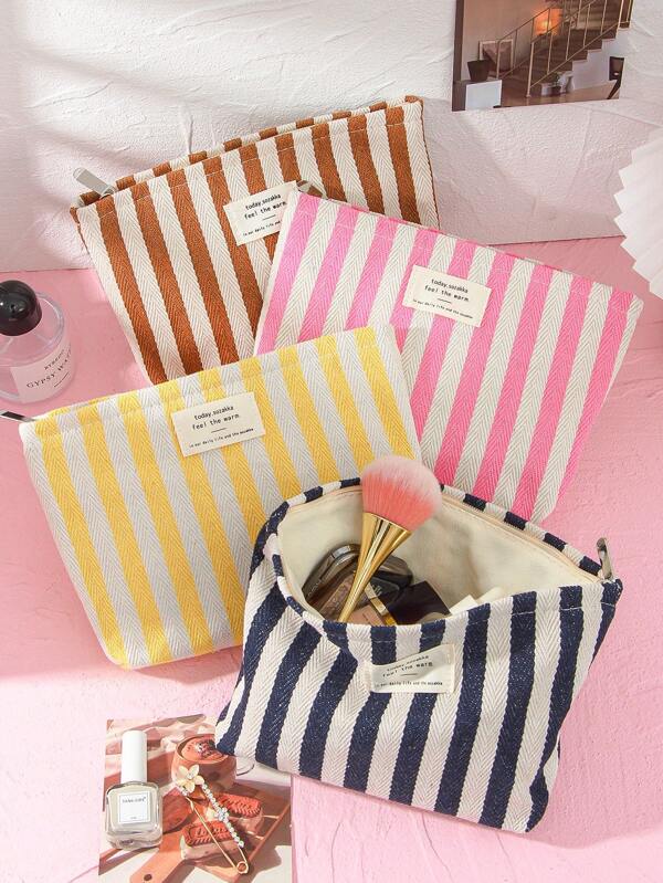 1Pc Stripe Canvas Makeup Bag Stripe Cosmetic Bag Waterproof Women'S Cosmetic Bag Portable Canvas Travel Toiletries Storage Bags Makeup Case Clutch Purse Handbags Small Bag Storage Makeup Case,Travelling Bags For Ladies,Pencil Case Daily Big Large Capacity Makeup Brushes Travel Toiletry Bag Organizer Make Up Bag Makeup Bag Storage Makeup Organizer Makeup Case Makeup Travel Toiletry Organizer Essentials Gifts Storage Zipper Accessories Nail