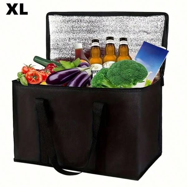 1 pieza Bolsa refrigeradora portátil de gran capacidad, con 3 capas de aislamiento, de tela no tejida de PVC, mantiene los alimentos calientes/fríos durante 1.5 horas, revestimiento de aluminio fácil de limpiar, aislamiento de espuma, asa