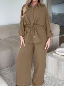 Women's Fashion Single-Breasted Lapel Drawstring Top & Elastic Waist Pants Set, Casual Solid Color Spring Elegant - Brown - View 6