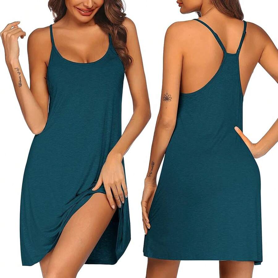 Women's Racerback Sleeveless Nightgown, Sleepwear - Peacock Blue - View 1