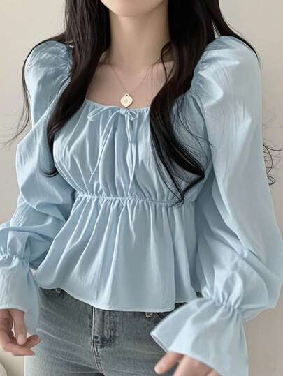 Korean Style Versatile Solid Color Chiffon Blouse With Square Neck And Puff Sleeves, Waist Design, Long Sleeve, Elegant Tops