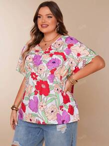 V-Neck Floral Print Casual Festival Vacation Short Sleeve Ruffle Hem Pullover Blouse, Plus Size Women