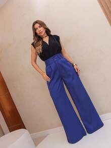YING ZI Stone Mode Formal Tailored Wide Leg Trousers - Navy Blue - View 4