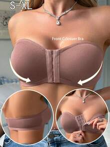 前扣式无肩带女士文胸，无钢圈，柔软舒适内衣 - 棕色 - 查看 4