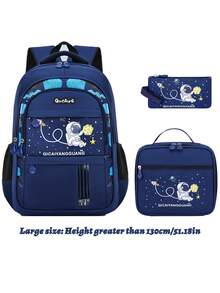 3pcs/Set Astronaut Themed Kids Backpack, Lunch Box Bag, Pencil Case Set, Lightweight Spacious Bookbag For Boys School, Back-To-School Essentials, Fit For 6-14 Years Old Students