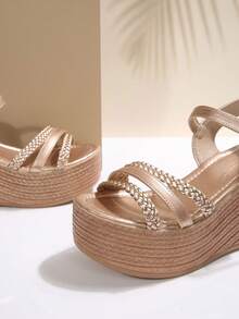 Women's 2025 Spring/Summer New Wedge Thick Bottom Beach Vacation Strap Woven Design High Heel Sandals, Dress Style Fashion High Heel Slippers - 金色 - 查看 3