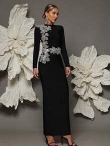 长袖绷带装饰花卉紧身连衣裙，性感修身，适合度假、家庭聚会、晚宴、婚礼等场合，优雅黑色春季款 - 黑色 - 查看 5