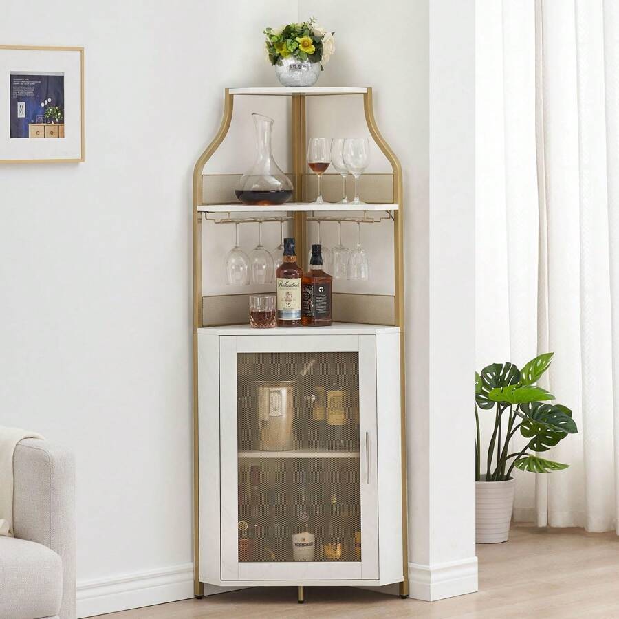 NANSTATA Stylish Corner Wine Rack - Bar Cabinet With Glass Holder, Storage Shelves, Adjustable Shelf, And Mesh Door For Home Bar In Small Spaces