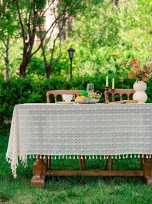 1 Pc Solid Color Four Leaf Clover Tassel Tablecloth, Rectangular Hollow Atmosphere Table Cloth, Suitable For Wedding, Holiday Gathering, Daily Home Use And Other Table Decor Textile