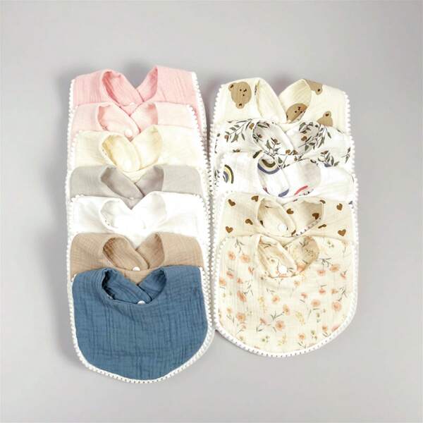 4 Stück Baby Cartoon Muster Bommel Saum 100% Baumwollgaze Lätzchen, süß & saugfähig für den täglichen Gebrauch