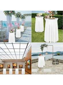 1 pieza Mantel elástico de cóctel - Elegante mantel redondo de poliéster y spandex, apropiado para banquetes y bares de lujo, con bordes encanados blancos, perfecto para fiestas y eventos, mantel elástico