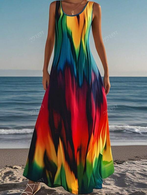 Sommer Damen Mode Farbverlauf Muster ärmelloses Trägershirt mit rundem Ausschnitt, Tasche, lässiges Strandurlaubs Kleid Damenbekleidung