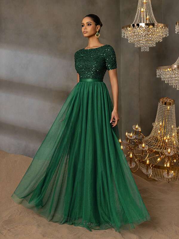 Faeriesty Elegant Formal Evening Gown With Sequin Embellished Bodice & Contrast Layered Tulle Hem | A-Line Prom Wedding Party Dress