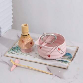 7/9pcs Japanese Matcha Whisk Set, Cute Heart Pattern Matcha Bowl With Spout And Matcha Whisk Set For Making Matcha Drinks, 7pcs Perfect Matcha Kit For Japanese Matcha Tea Ceremony Gift