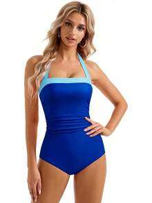 Women Sexy Tummy Control One Piece Swimsuit Halter Retro Bathing Suit - 68 Blue Color Block - View 2
