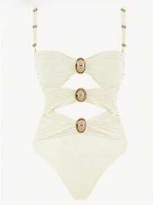 Sexy One Piece Swimsuit Color Blocking Halter Bikini With Metal Clasp Design,Beach And Resort One Piece Swimsuit,Metal Decor,Cut Out,Double Straps,Solid Color,For Women,Mature Swimsuit Set For Women,Featuring Adjustable Strap Top Decorated With Metallic Beads In Tricolor Cutout And Regular Triangle Bottom - 白色 - 查看 2