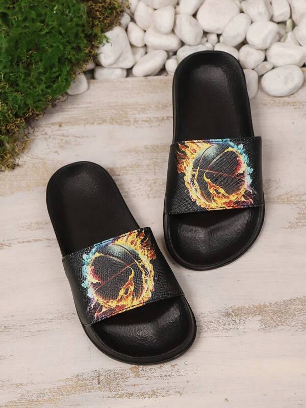 New Basketball Graphic Teens Slippers, Comfortable Soft Lining, Lightweight Sole, Convenient Slip-On, EVA, Casual Flat Sandals For Daily Wear & Home Use, Summer