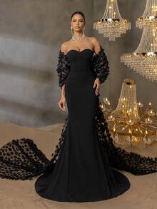Faeriesty Elegant Floral Appliques Tulle Train Mermaid Hem Tube Wedding Dress - Black - View 5