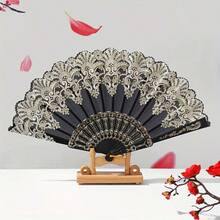 Elegant Lace Folding Fan - Hot-Pressed Golden Cloud Pattern, Plastic Dance Fan With Wooden Frame, Floral Branch Design | Delicate Lace Details | Durable Plastic Fan, Folding Fan - Multicolor - View 17
