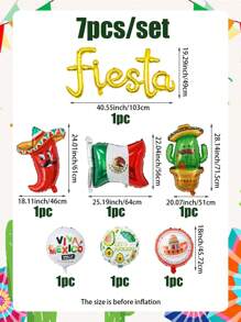 7pcs Mexican Fiesta Balloon Party Decorations Including Gold Fiesta Banner, Cactuses, Chilies, Sombrero, Avocado Balloons