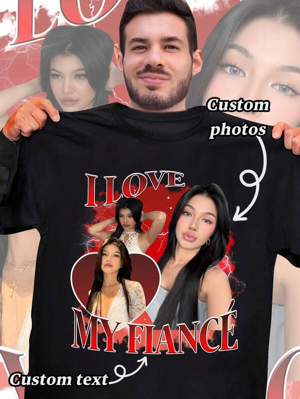 Customized Photo T-Shirt, Add Your Favorite Photo And Text (Girlfriend Photo/Couple Photo/Family Photo/Selfie/Pet Photo/Friend Photo),Delicate Romance, Utilitarian Chic, Fall New Style Women, Graphic Print