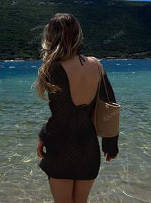 Women's Long Sleeve Hollow-Out Swimsuit Cover-Up, Elegant Boho Beach Vacation Style, V-Neck Short Dress