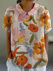 Plus Size Floral Woven Blouse, Regular Sleeve, Collar, Short Sleeve, Regular Length Shirt Summer - Multicolor - View 4