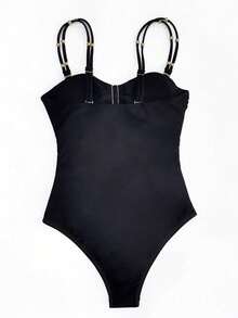 Maiô de Uma Peça Cor Sólida com Fecho Metálico Decorativo, Decote Vazado e Alças Duplas, Roupa de Banho para Resort - Preto - Visão 5