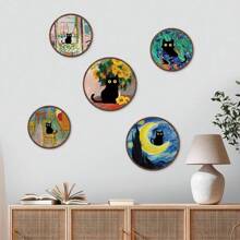 5 Stücke Boho-Stil schwarze Katze Wanddekoration Wandbehang Holzkunst Cartoon Logo Heim Wandkunst Dekoration, Bauernhaus Wohnzimmer und Schlafzimmer Heimdekoration, ländlicher pastoraler Stil Behänge, Hotel Veranda Dekorationskraftstoff