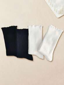 1/3/5 Pairs Women's Cute Ruffled Frilly Ankle Crew Socks, White And Black, Polyester Spandex Blend, Machine Washable - Multicolor - View 3